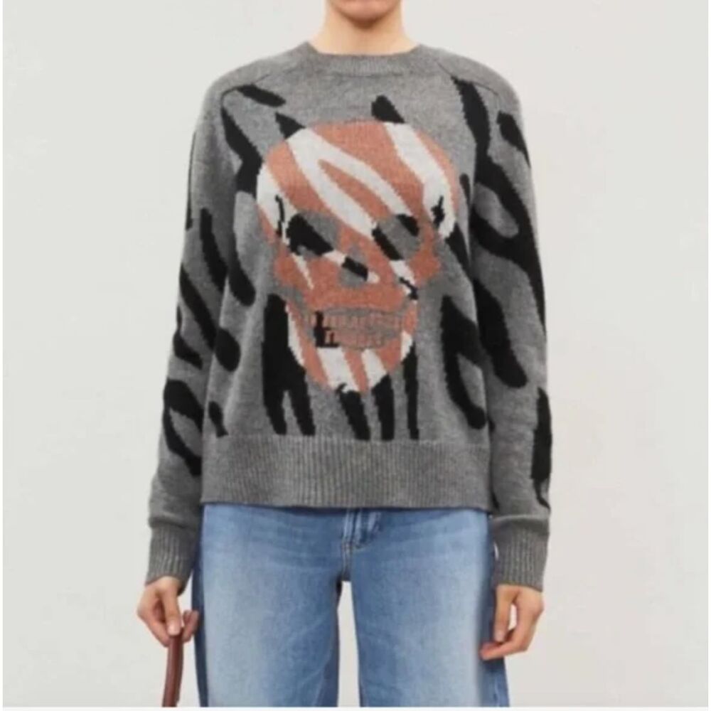 NWT SKULL CASHMERE Jaden Grey Sweater XS Tiger Print Soft Alt Grunge Rock